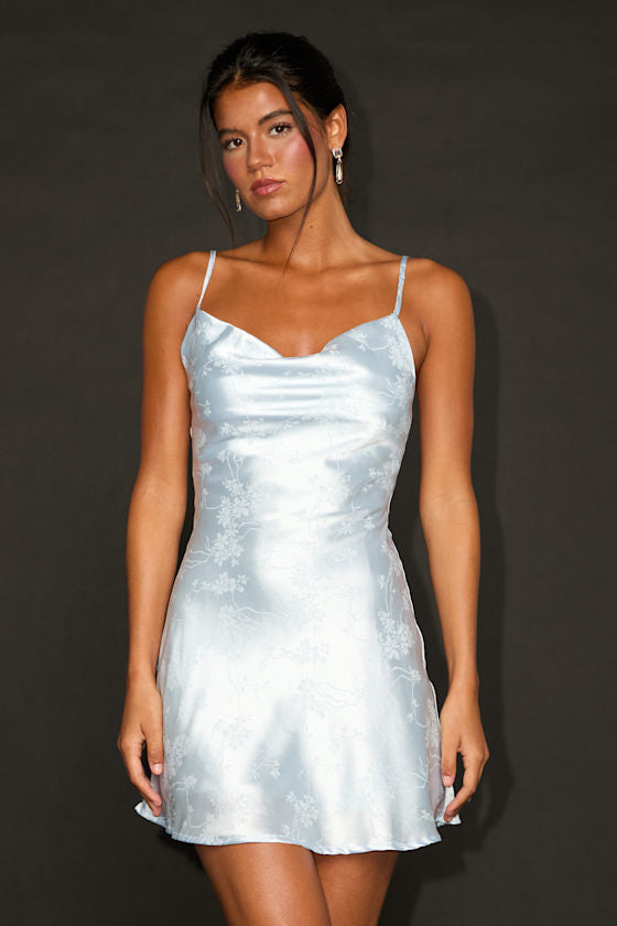 Close to Your Heart Dusty Blue Satin Jacquard Cowl Slip Dress