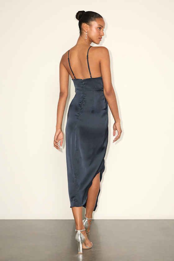 Caught Feelings Navy Blue Satin Ruffled Midi Dress