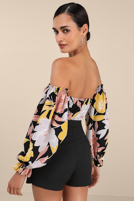Bring the Blossom Black Floral Print Off-the-Shoulder Bodysuit