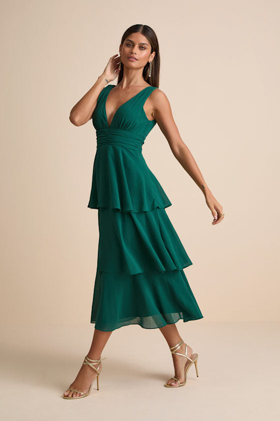 Celebration Time Emerald Green Sleeveless Tiered Midi Dress