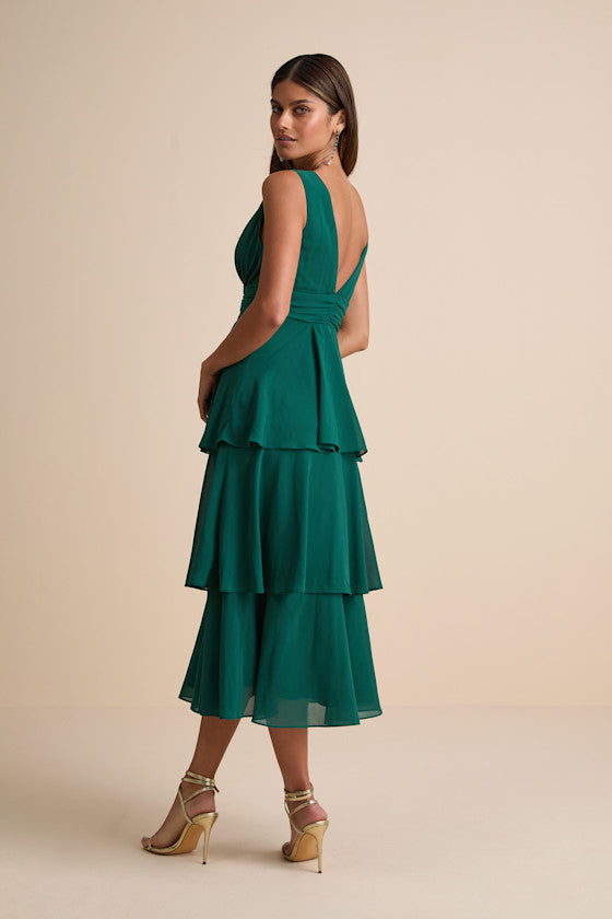 Celebration Time Emerald Green Sleeveless Tiered Midi Dress