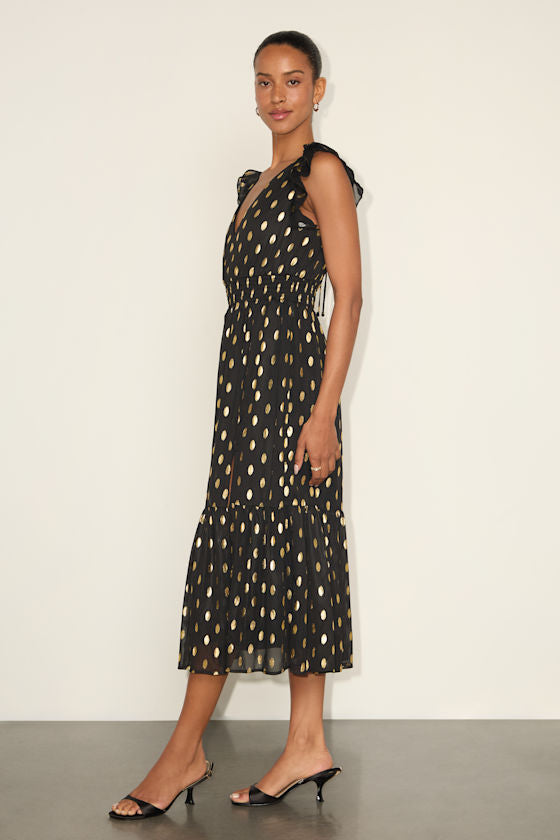 Cause to Celebrate Black and Gold Dot Ruffled Tiered Midi Dress