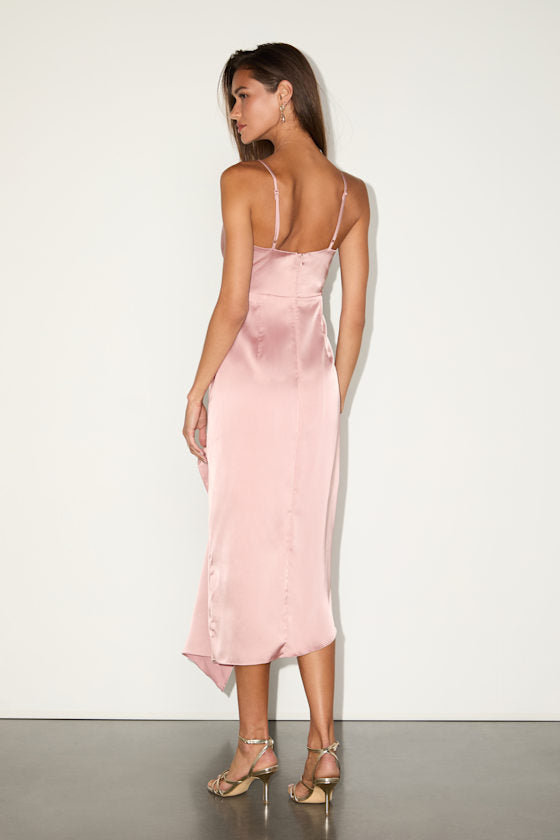 Caught Feelings Blush Satin Ruffled Midi Dress