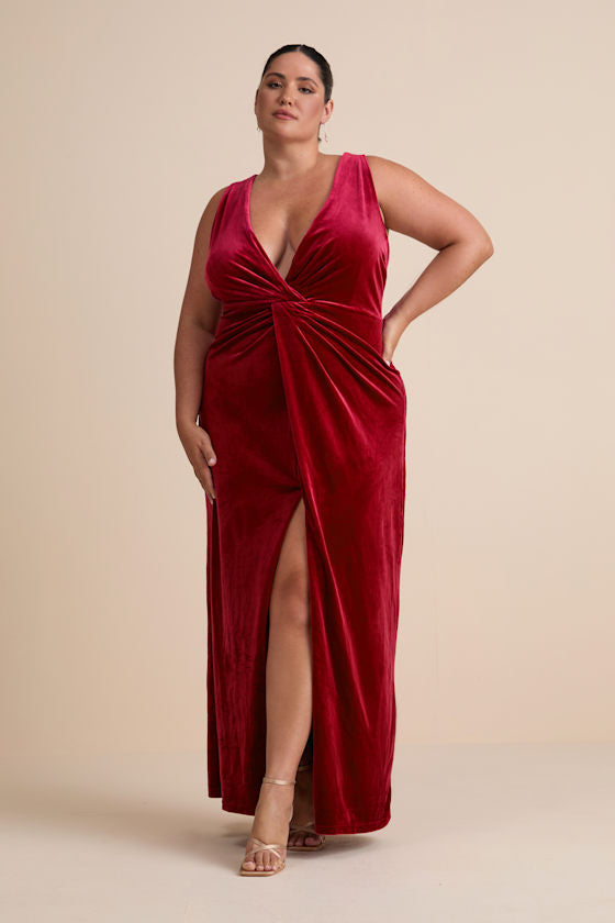 Beautiful Evenings Wine Red Velvet Twist-Front Maxi Dress