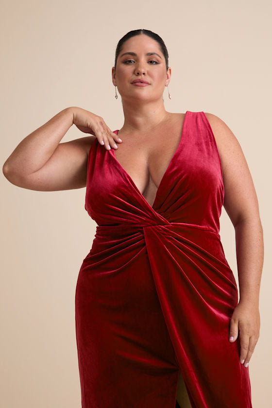 Beautiful Evenings Wine Red Velvet Twist-Front Maxi Dress