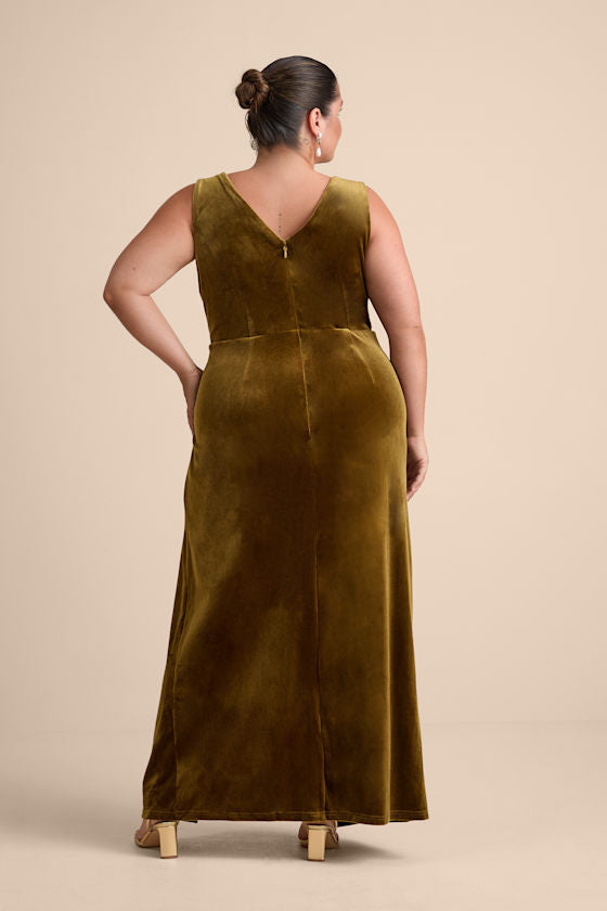 Beautiful Evenings Olive Green Velvet Twist-Front Maxi Dress