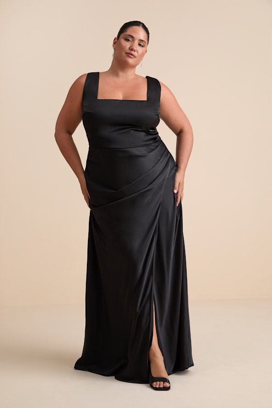 Red Carpet Romance Black Satin Square Neck Maxi Dress