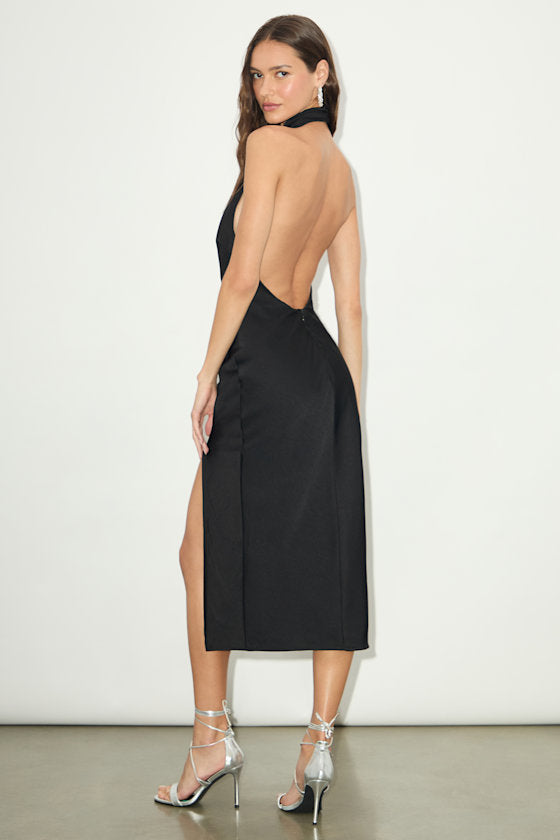 Beyond Classy Black Satin Halter Midi Dress