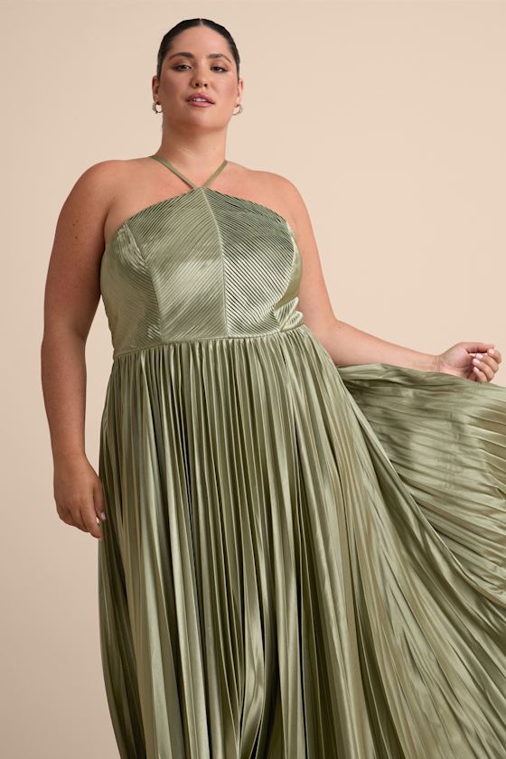 Elaborate Charm Olive Green Satin Pleated Backless Maxi Dress