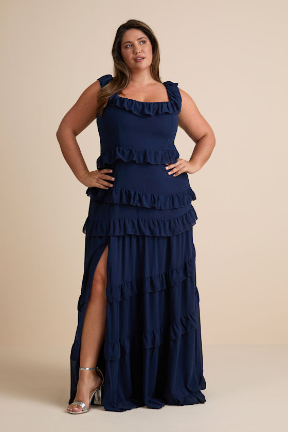 Compelling Romantic Dark Blue Ruffled Tiered Maxi Dress