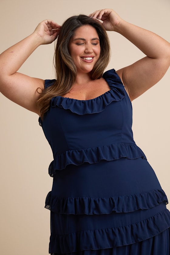 Compelling Romantic Dark Blue Ruffled Tiered Maxi Dress