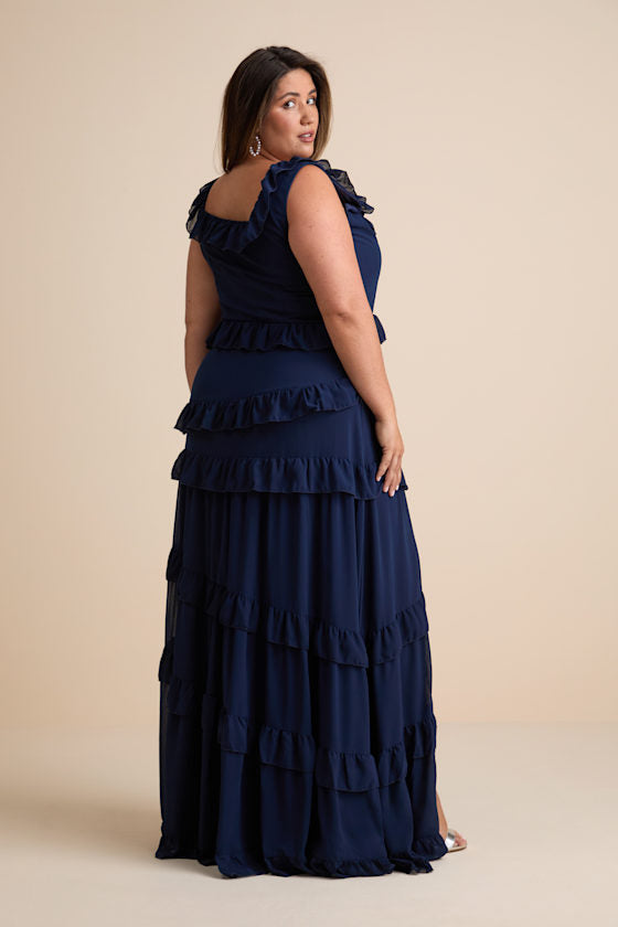 Compelling Romantic Dark Blue Ruffled Tiered Maxi Dress