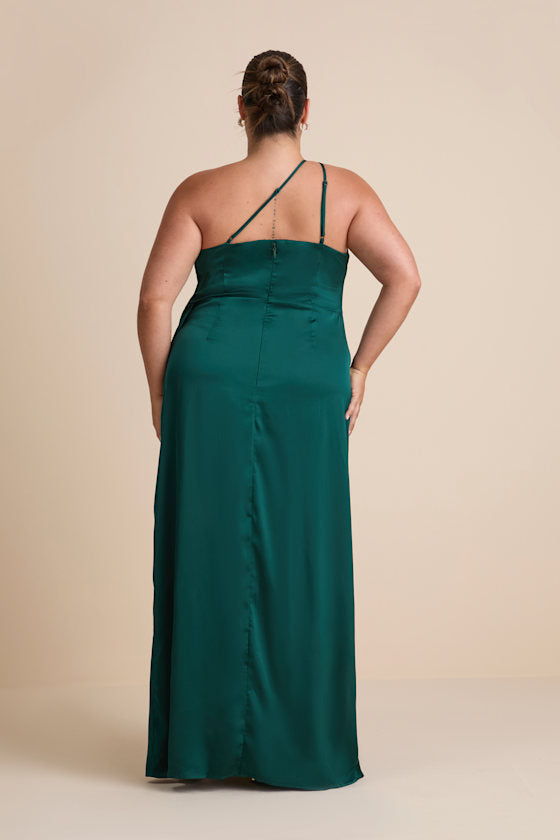 Signature Elegance Emerald Satin One-Shoulder Maxi Dress