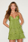 Sleek Dedication Green Satin Plisse Cutout Tiered Mini Dress