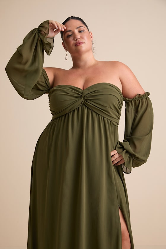 Glorious Invite Olive Green Knotted Off-the-Shoulder Maxi Dress