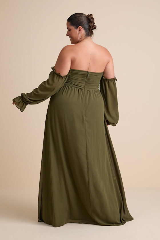 Glorious Invite Olive Green Knotted Off-the-Shoulder Maxi Dress