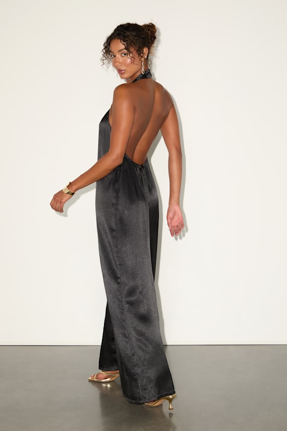 Charismatic Muse Black Satin Wide-Leg Halter Jumpsuit