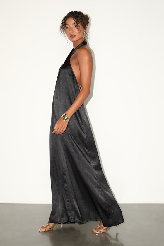 Charismatic Muse Black Satin Wide-Leg Halter Jumpsuit