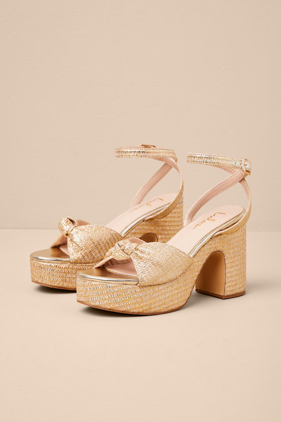 Rosamond Gold Raffia Knotted Platform High Heel Sandals