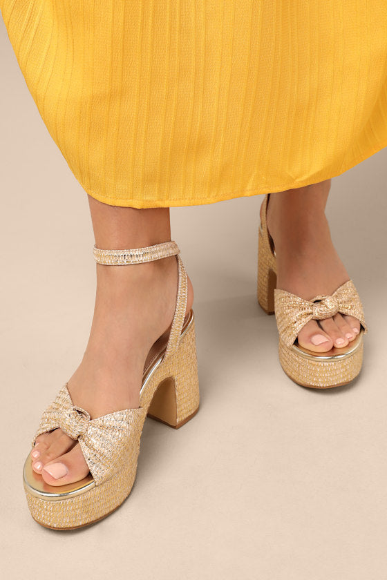Rosamond Gold Raffia Knotted Platform High Heel Sandals