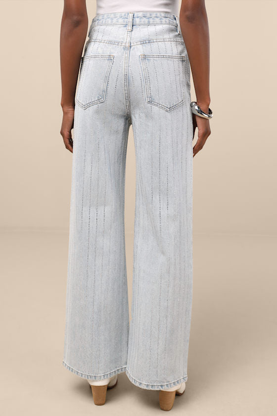 Danice Light Wash Denim Rhinestone Straight Leg Jeans