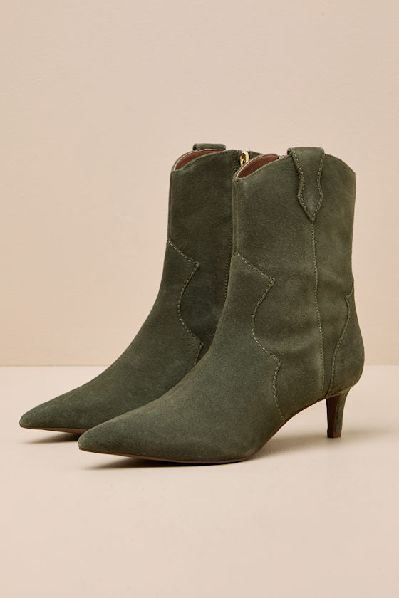 Dallas Olive Suede Leather Western Kitten Heel Booties