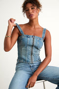 Sculpted Bustier Medium Wash Zip-Front Denim Bustier Top