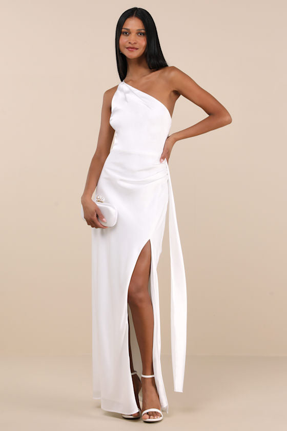 Signature Elegance White Satin One-Shoulder Maxi Dress