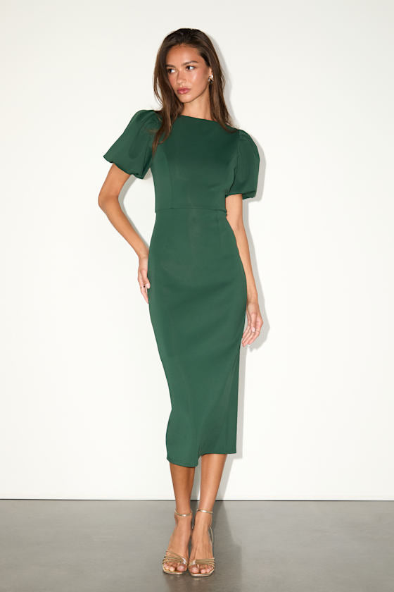 Simply Beloved Hunter Green Puff Sleeve Bodycon Midi Dress