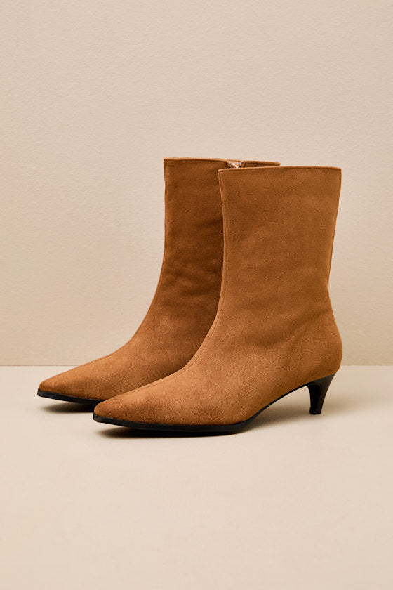 Carla Cognac Suede Kitten Heel Mid-Calf Booties