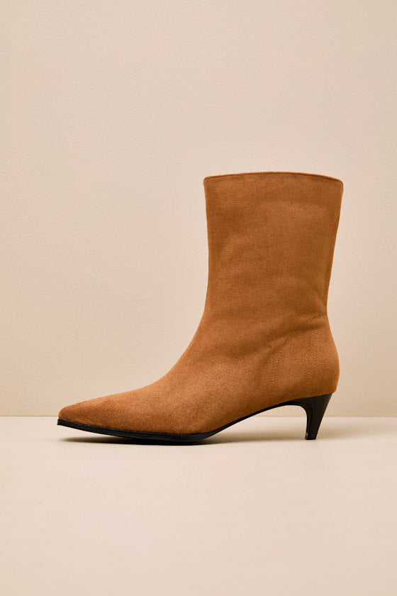 Carla Cognac Suede Kitten Heel Mid-Calf Booties