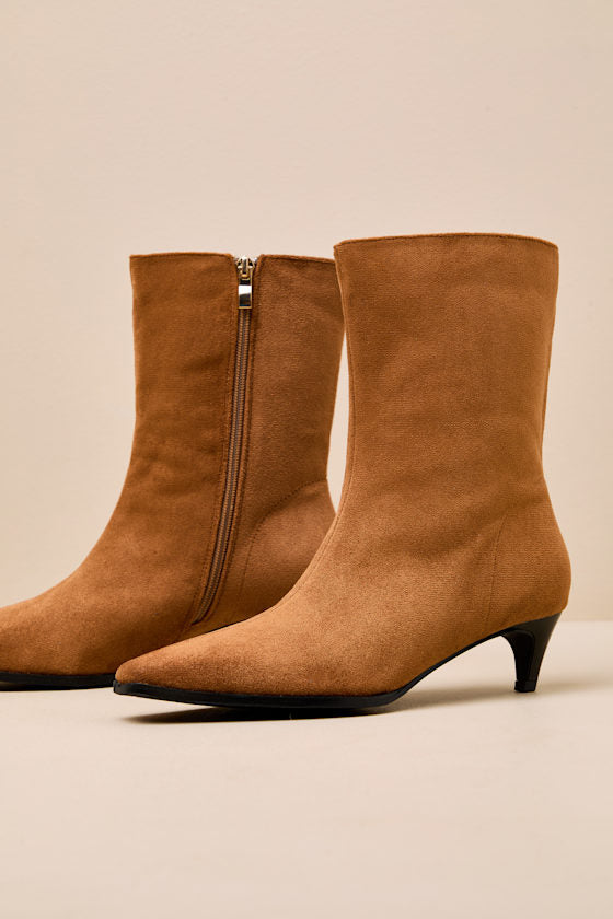 Carla Cognac Suede Kitten Heel Mid-Calf Booties