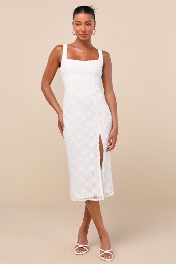 Kalani White Mesh Textured Midi Dress