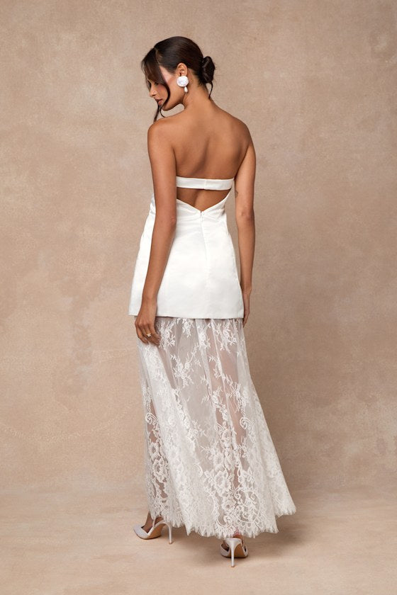 Winslet White Satin Sheer Hem Strapless Maxi Dress