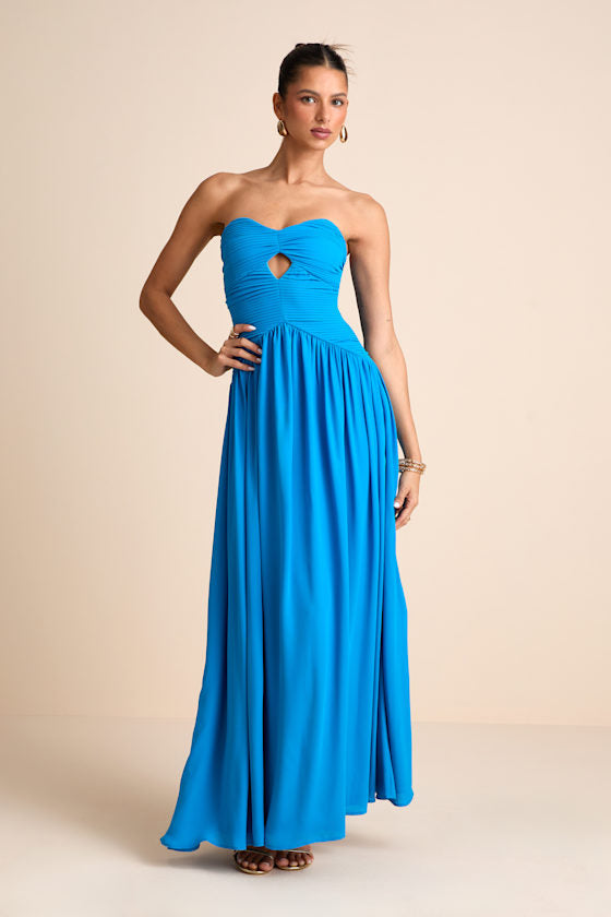 Rozala Bright Blue Pleated Strapless Maxi Dress