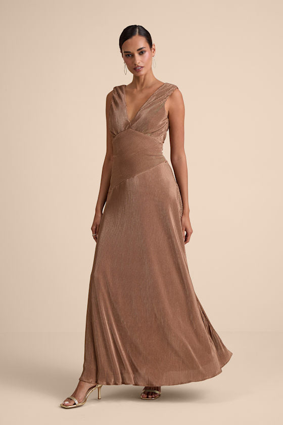 Renee Light Brown Satin Plisse V-Neck Maxi Dress