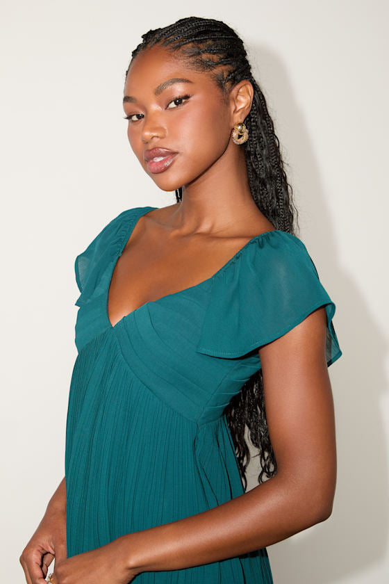 Amalfi Coast Emerald Pleated Flutter Sleeve Mini Dress