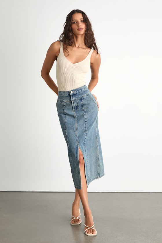 Aisling Light Wash High-Rise Denim Midi Skirt