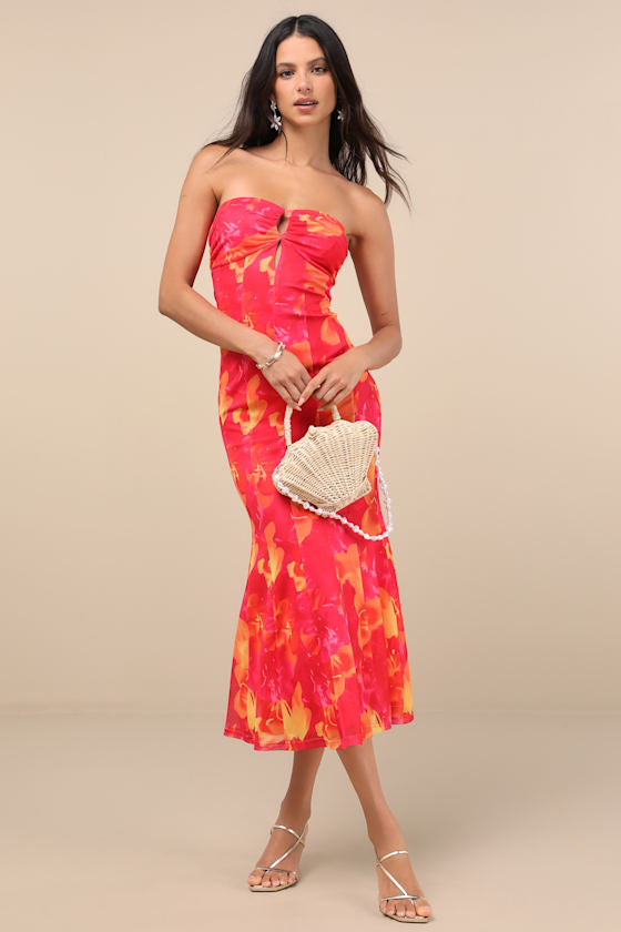 Islay Hot Pink Floral Abstract Mesh Strapless Midi Dress