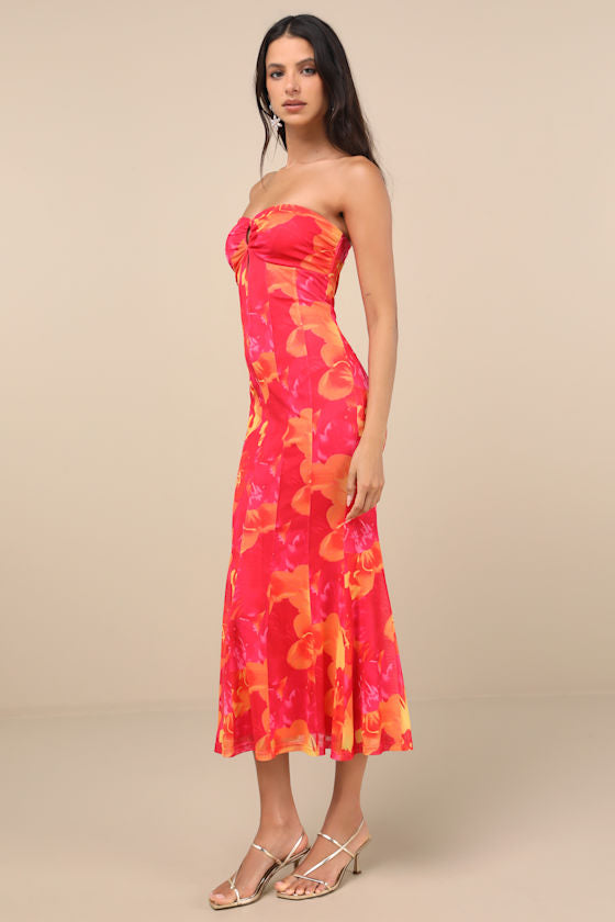 Islay Hot Pink Floral Abstract Mesh Strapless Midi Dress