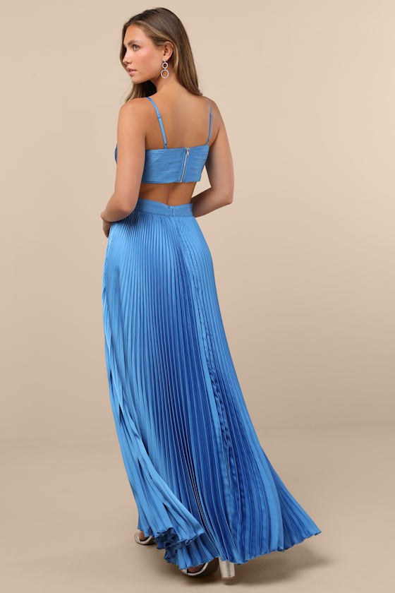 Got the Glam Blue Pleated Cutout Maxi Dress