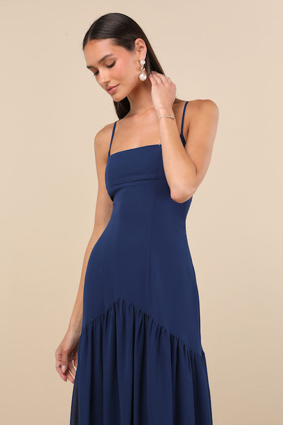 Auria Navy Blue Chiffon Drop Waist Maxi Dress