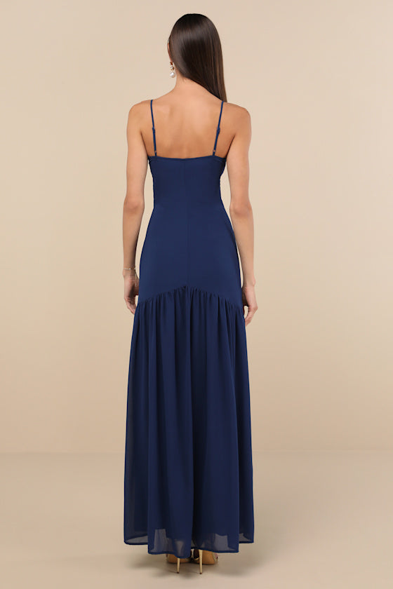 Auria Navy Blue Chiffon Drop Waist Maxi Dress