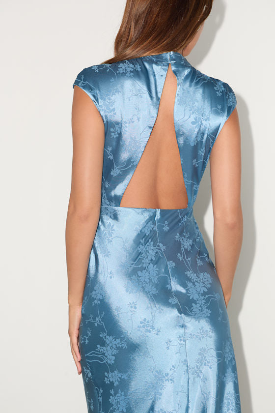 Gia Slate Blue Satin Jacquard Cutout Midi Dress