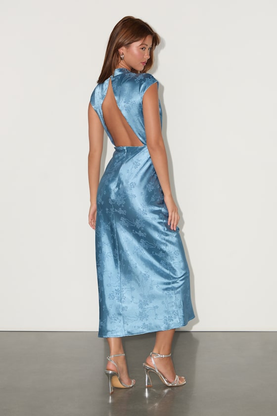 Gia Slate Blue Satin Jacquard Cutout Midi Dress