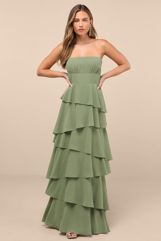 Gorgeous Essence Sage Strapless Tiered Maxi Dress