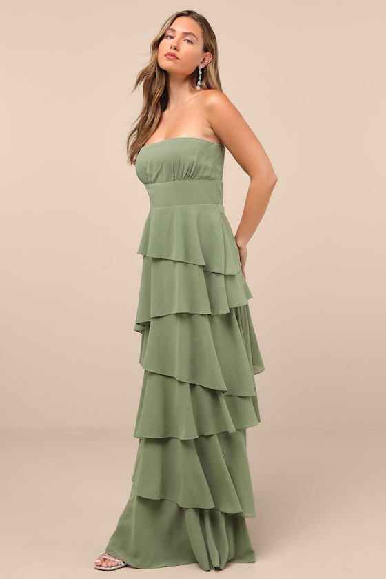 Gorgeous Essence Sage Strapless Tiered Maxi Dress