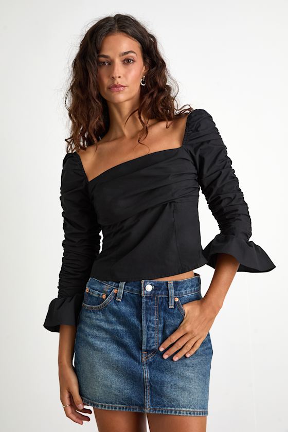 Felia Black Cotton Ruched Three-Quarter Sleeve Top