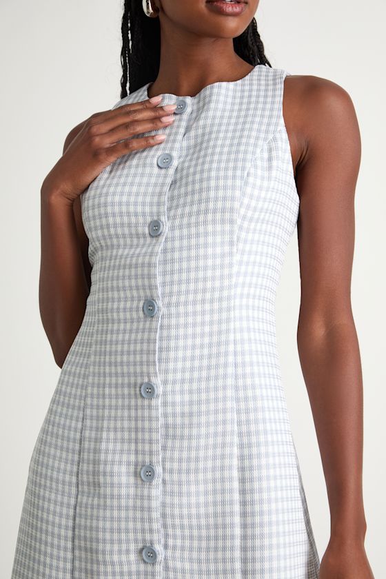 Aloriana Light Blue Gingham Tweed Button-Front Mini Dress