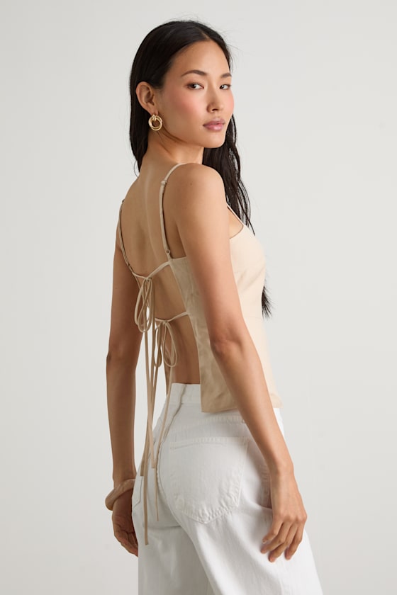 Wyrnn Beige Linen Tie-Back Tank Top